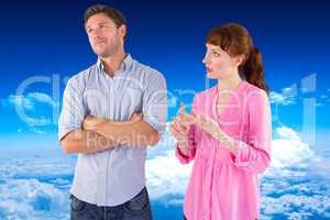 Composite image of woman arguing with uncaring man