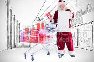 Composite image of santa spread presents with shopping cart