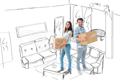 Composite image of happy young couple with moving boxes