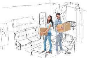 Composite image of happy young couple with moving boxes