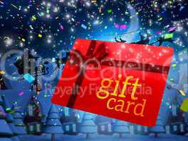 Composite image of santa flying his sleigh behind gift card