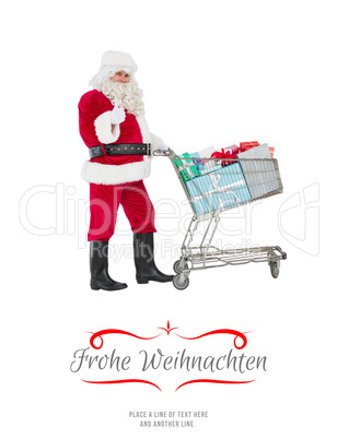 Composite image of positive santa delivering gifts with a trolle