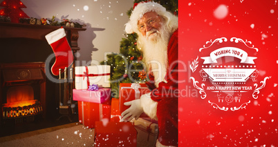 Composite image of smiling santa delivering gifts at christmas e