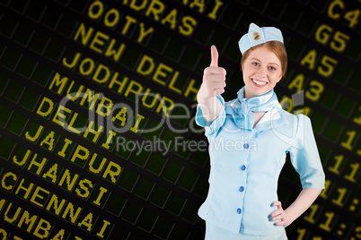 Composite image of pretty air hostess with hand on hip