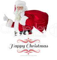 Composite image of positive santa with his sack and thumbs up