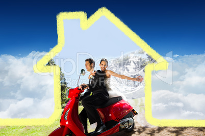 Composite image of newlywed couple enjoying scooter ride