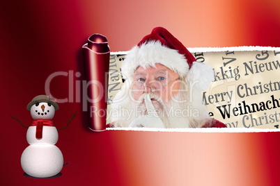 Composite image of santa asking for quiet to camera