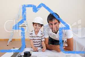 Composite image of smiling dad and little boy studying architect