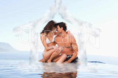 Composite image of couple on the pool edge