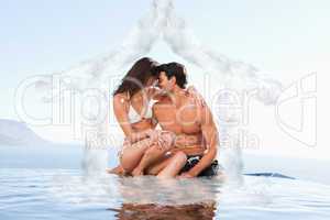 Composite image of couple on the pool edge