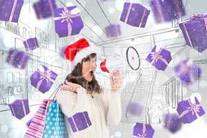 Composite image of festive brunette holding megaphone and bags