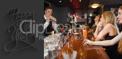 Composite image of handsome bartender making cocktails for beaut