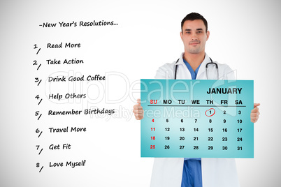 Composite image of portrait of a doctor holding a calendar