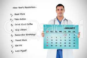 Composite image of portrait of a doctor holding a calendar
