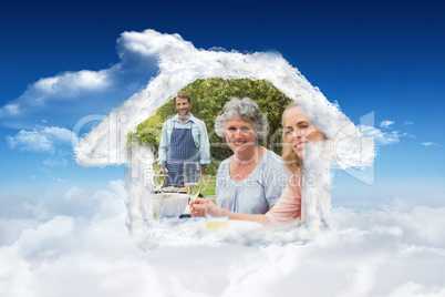 Composite image of happy extended family waiting for barbecue be