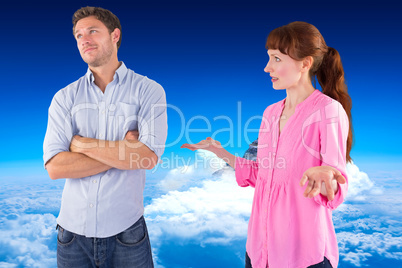 Composite image of woman arguing with uncaring man