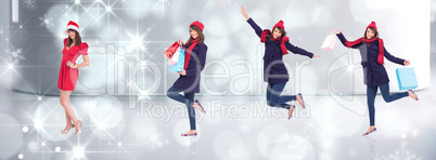 Composite image of happy brunette in winter clothes holding shop