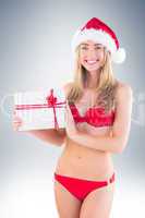 Festive fit blonde in red bikini showing gift