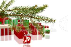 Composite image of red christmas decoration hanging from branch