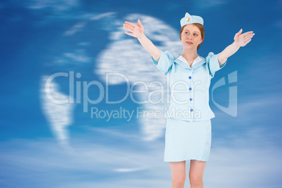 Composite image of pretty air hostess with arms raised