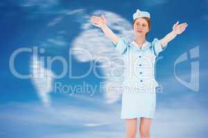 Composite image of pretty air hostess with arms raised