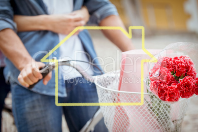 Composite image of hip young couple going for a bike ride