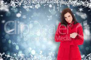 Composite image of pretty brunette in red coat posing
