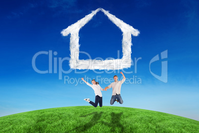 Composite image of couple jumping and holding hands