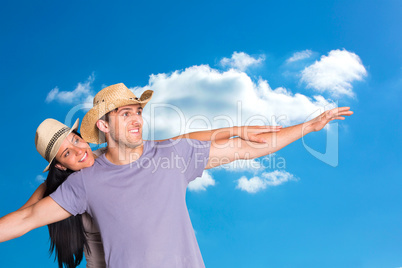 Composite image of man giving his pretty girlfriend a piggy back Composite image of man giving his pretty girlfriend a piggy back