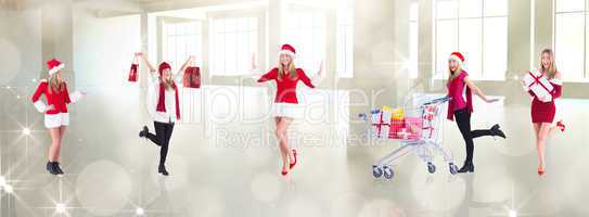 Composite image of pretty santa girl presenting with hand