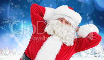 Composite image of happy santa lying and relaxing