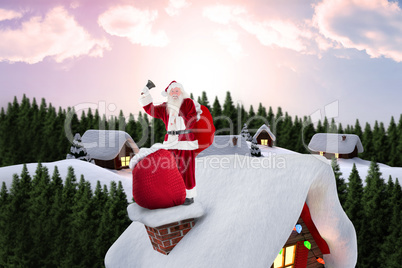 Composite image of santa on cottage roof