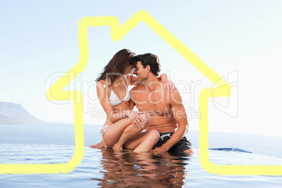 Composite image of couple on the pool edge