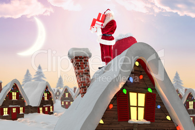 Composite image of santa claus carrying pile of gifts