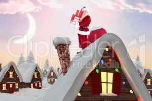Composite image of santa claus carrying pile of gifts