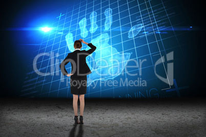 Composite image of young businesswoman standing and thinking