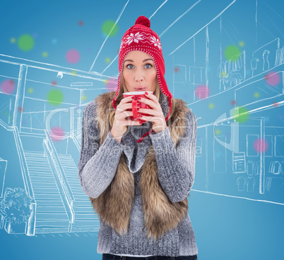 Composite image of blonde in winter clothes smiling at camera