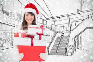 Composite image of attractive woman wearing santa hat with gifts