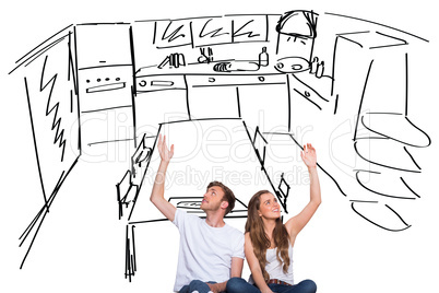 Composite image of happy young couple with hands raised