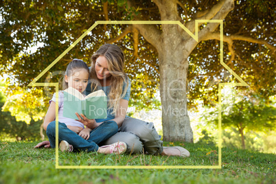 Composite image of mother and daughter reading a book at park