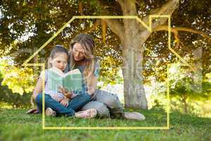 Composite image of mother and daughter reading a book at park