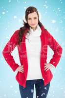 Composite image of smiling brunette posing with winter wear