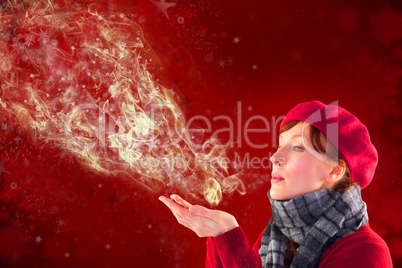 Composite image of woman blowing kiss from hands