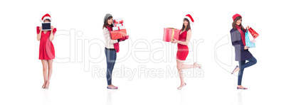 Composite image of happy brunette in winter clothes holding shop