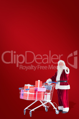 Composite image of santa likes to push a shopping cart with pres