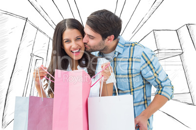 Composite image of happy couple with shopping bags