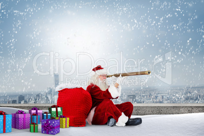 Composite image of santa looking through telescope