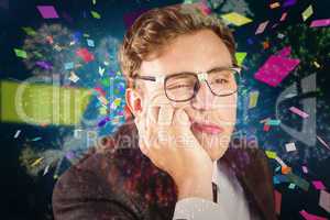 Composite image of young geeky businessman looking bored