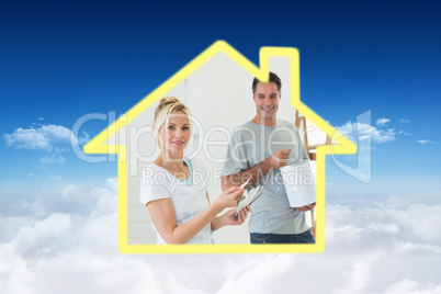 Composite image of couple with color swatches and ladder in a ne
