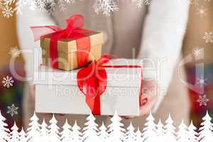 Composite image of woman with nail varnish holding gifts